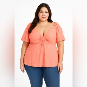 Pink/Peach Flutter Sleeve Tie Front Peplum Blouse Eyelet Material 2X